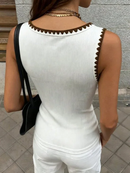 White Casual Colorblock Square Neck Sleeveless Slim Fit Women's Camisole T-Shirt - Picture 3 of 5